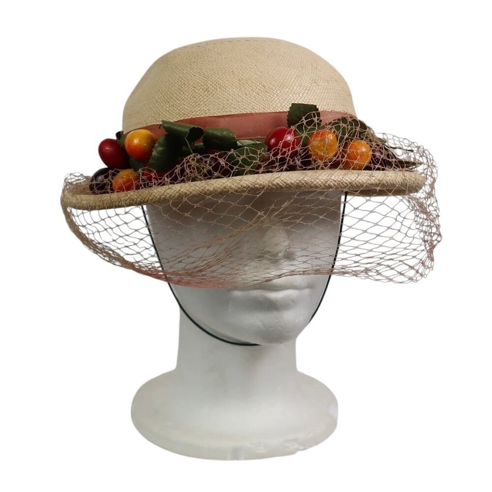 Vintage 50s Eva Mae Genuine Panama Straw Hat Fruit Net Veil